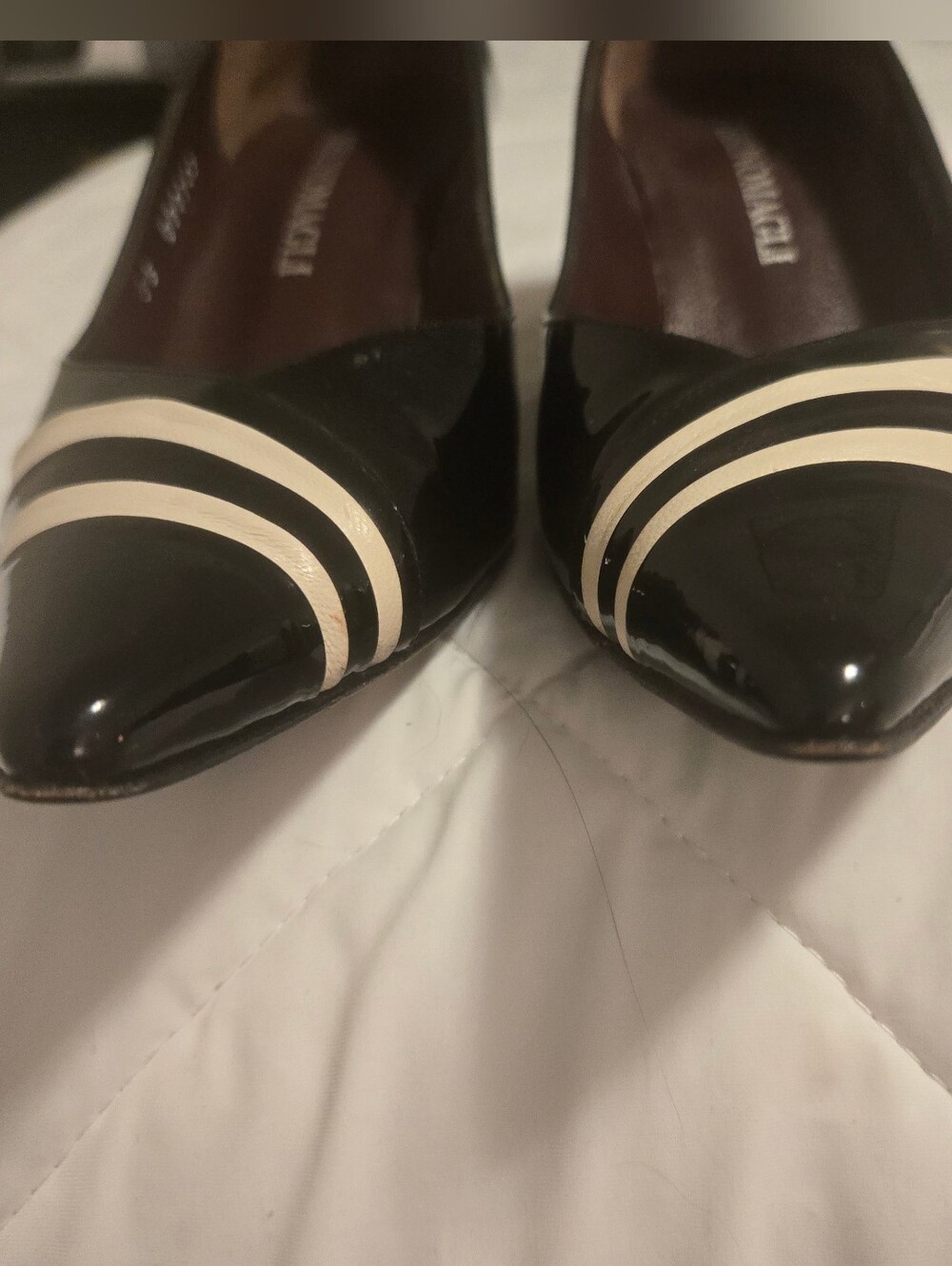 Bruno Magli Black Pumps with Cream Stripe Accents - Picture 7 of 10